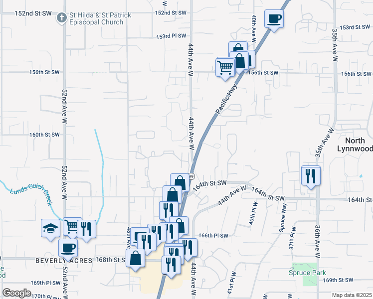 map of restaurants, bars, coffee shops, grocery stores, and more near 16028 44th Avenue West in Lynnwood