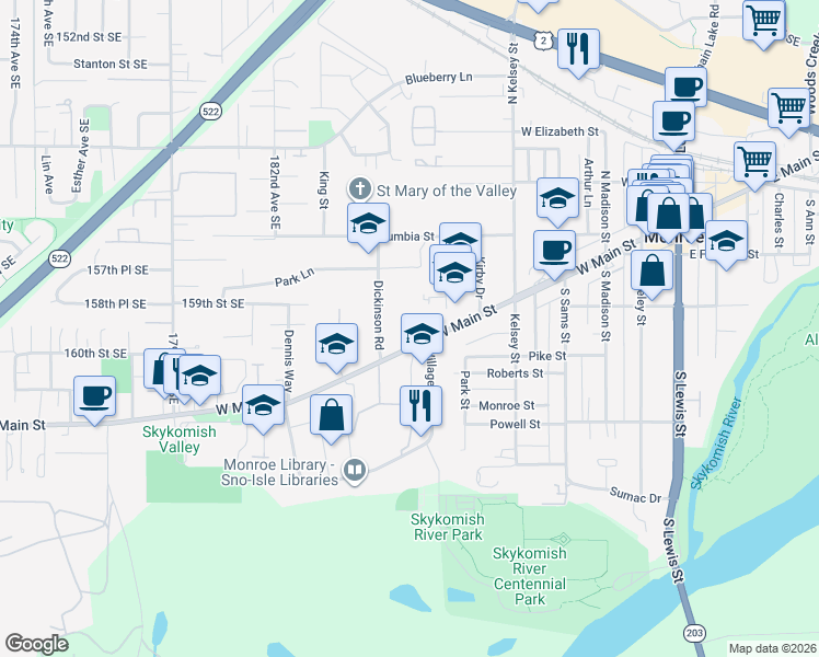 map of restaurants, bars, coffee shops, grocery stores, and more near 807 West Main Street in Monroe