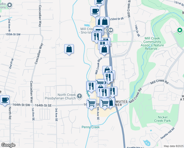 map of restaurants, bars, coffee shops, grocery stores, and more near 16000 Mill Creek Boulevard in Mill Creek