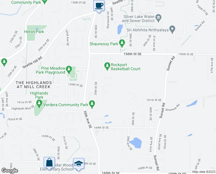 map of restaurants, bars, coffee shops, grocery stores, and more near 3610 159th Place Southeast in Mill Creek