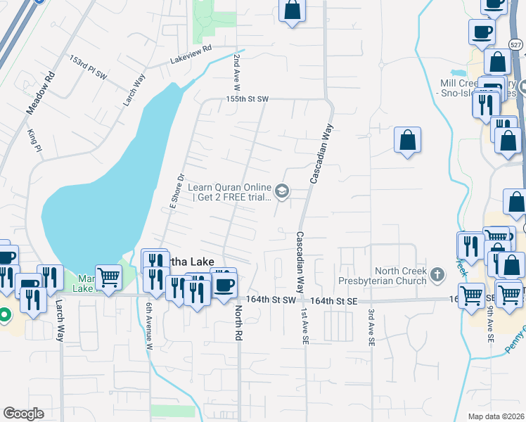 map of restaurants, bars, coffee shops, grocery stores, and more near 16013 2nd Place West in Lynnwood