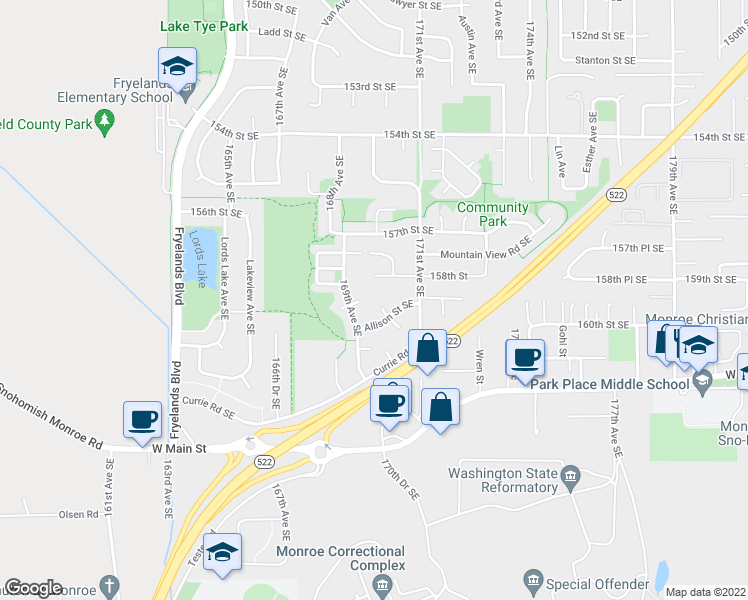map of restaurants, bars, coffee shops, grocery stores, and more near 15930 Cascade Lane Southeast in Monroe