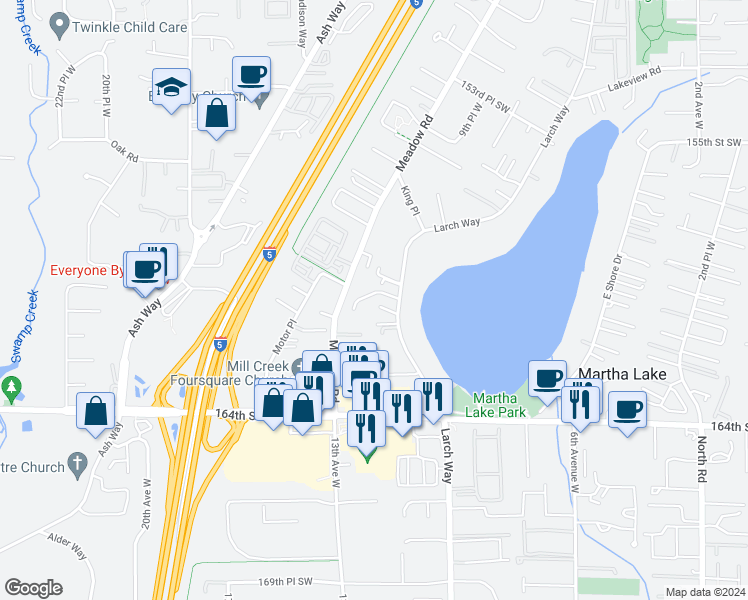 map of restaurants, bars, coffee shops, grocery stores, and more near 1208 160th Street Southwest in Lynnwood
