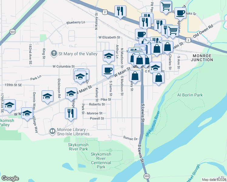 map of restaurants, bars, coffee shops, grocery stores, and more near 219 South Sams Street in Monroe