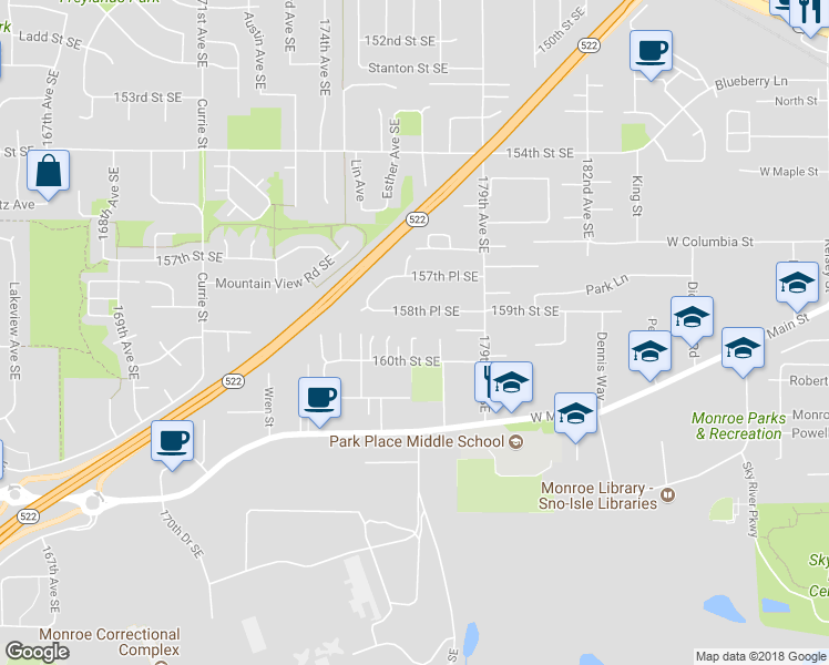 map of restaurants, bars, coffee shops, grocery stores, and more near 17701 160th Street Southeast in Monroe
