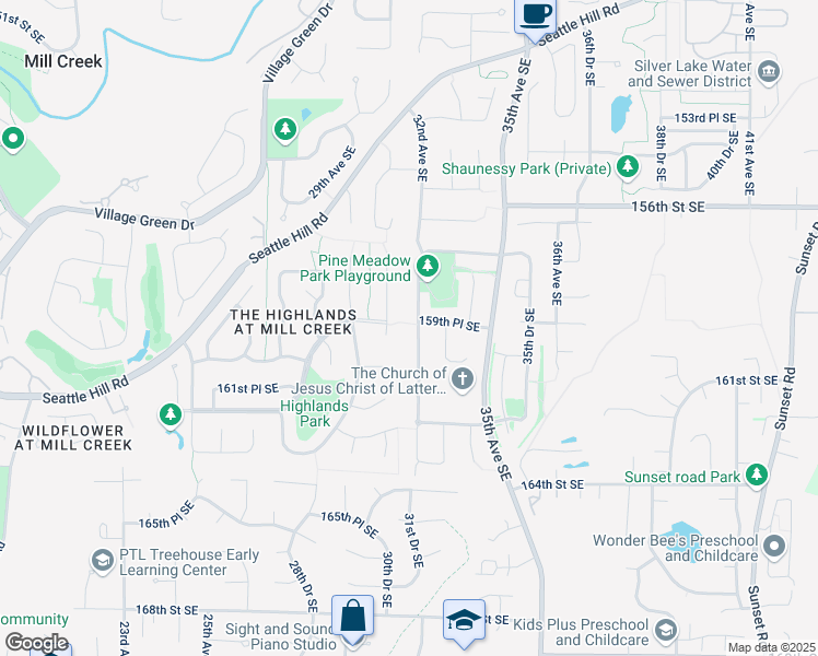 map of restaurants, bars, coffee shops, grocery stores, and more near 15917 32nd Avenue Southeast in Mill Creek