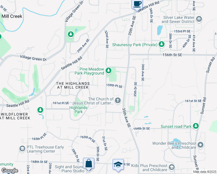 map of restaurants, bars, coffee shops, grocery stores, and more near 15917 32nd Avenue Southeast in Mill Creek