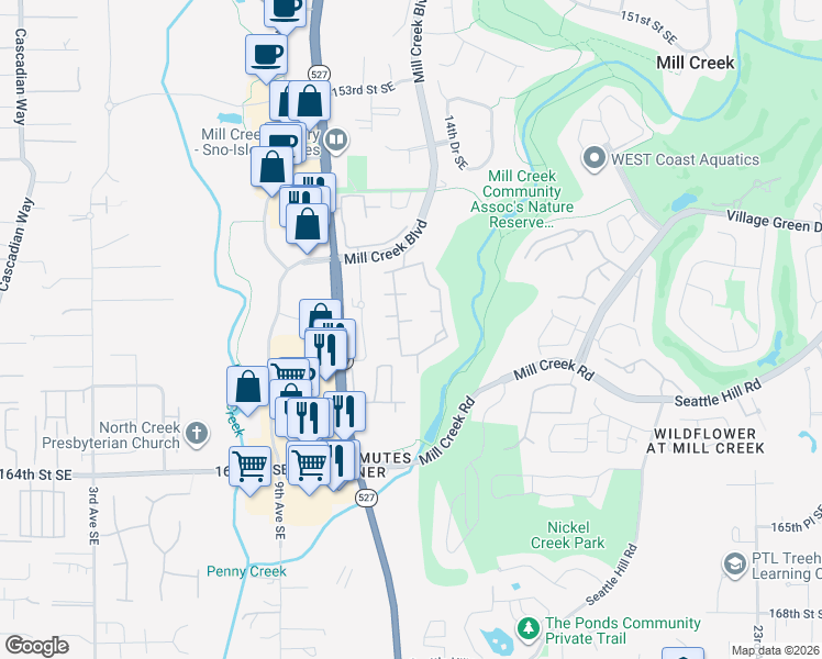 map of restaurants, bars, coffee shops, grocery stores, and more near 1224 Mill Creek Boulevard in Bothell