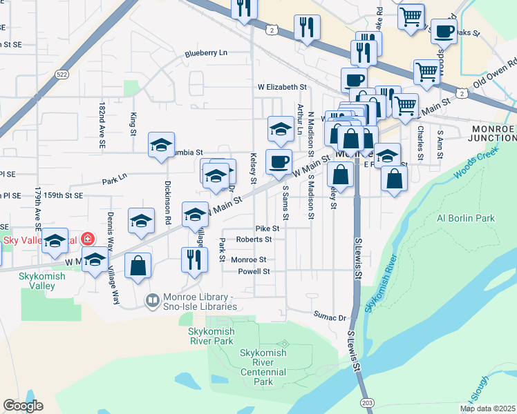 map of restaurants, bars, coffee shops, grocery stores, and more near 115 South Kelsey Street in Monroe