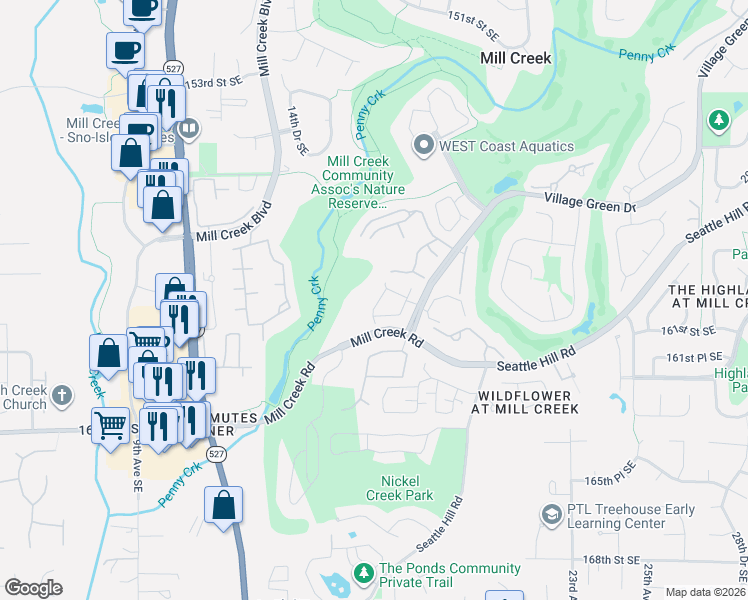 map of restaurants, bars, coffee shops, grocery stores, and more near 16014 Village Green Drive in Mill Creek