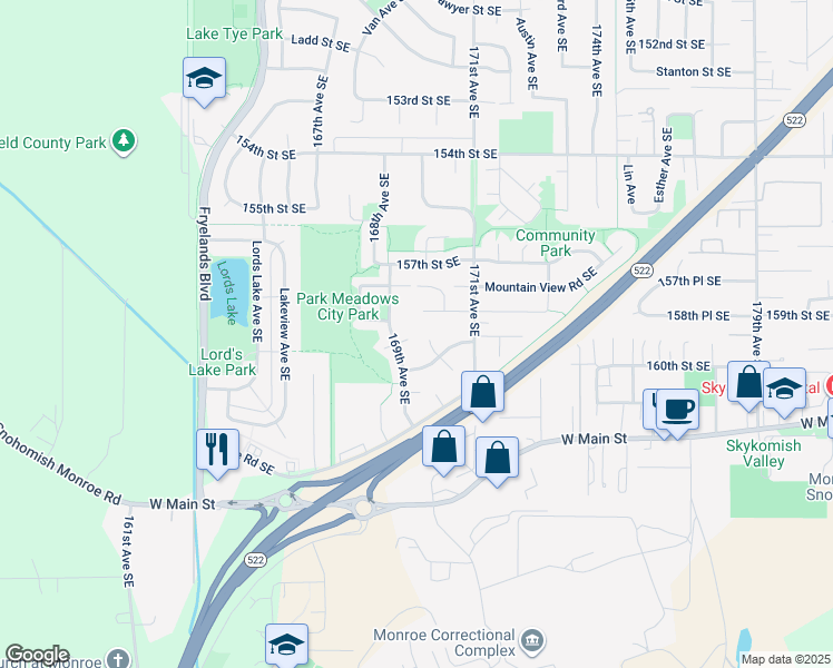 map of restaurants, bars, coffee shops, grocery stores, and more near 16943 Odom Lane Southeast in Monroe