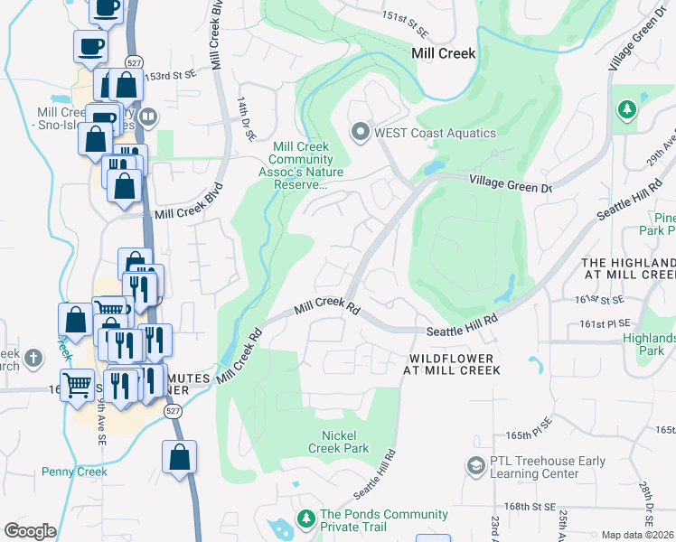 map of restaurants, bars, coffee shops, grocery stores, and more near 16034 Village Green Drive in Mill Creek