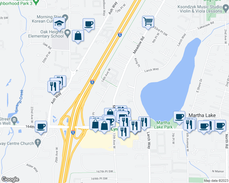 map of restaurants, bars, coffee shops, grocery stores, and more near 16002 Meadow Road in Lynnwood