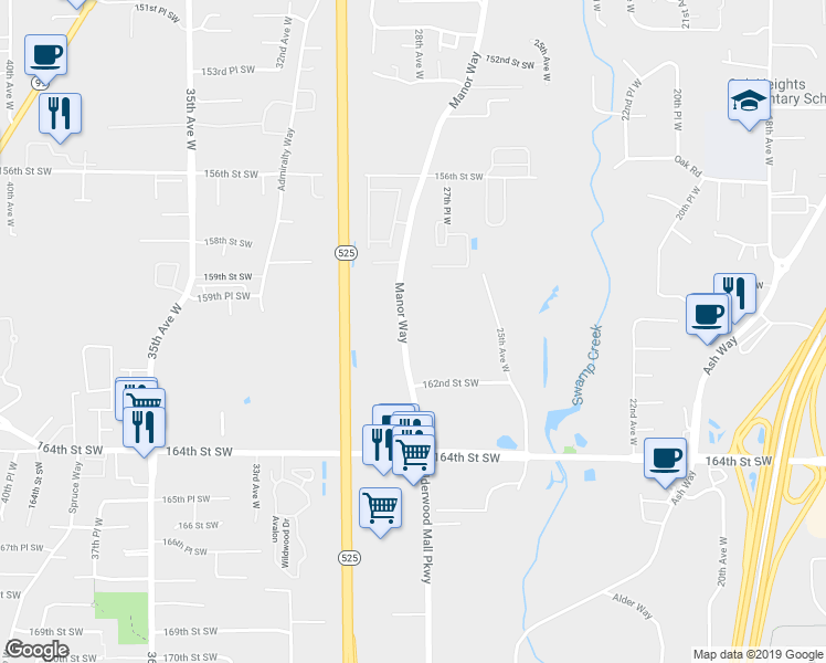 map of restaurants, bars, coffee shops, grocery stores, and more near 16015 Manor Way in Lynnwood