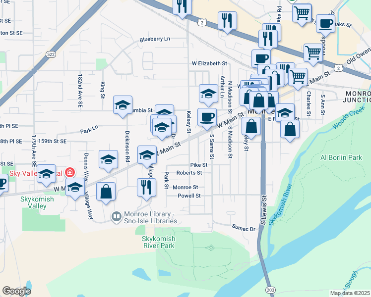 map of restaurants, bars, coffee shops, grocery stores, and more near 115 South Kelsey Street in Monroe