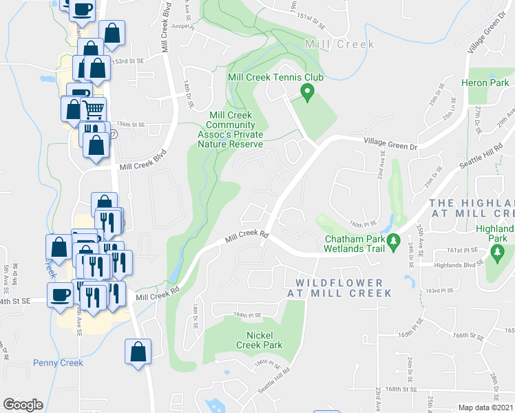 map of restaurants, bars, coffee shops, grocery stores, and more near 16026 Village Green Drive in Mill Creek