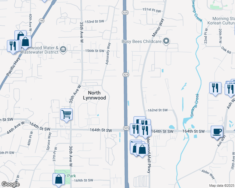map of restaurants, bars, coffee shops, grocery stores, and more near 16003 Admiralty Way in Lynnwood