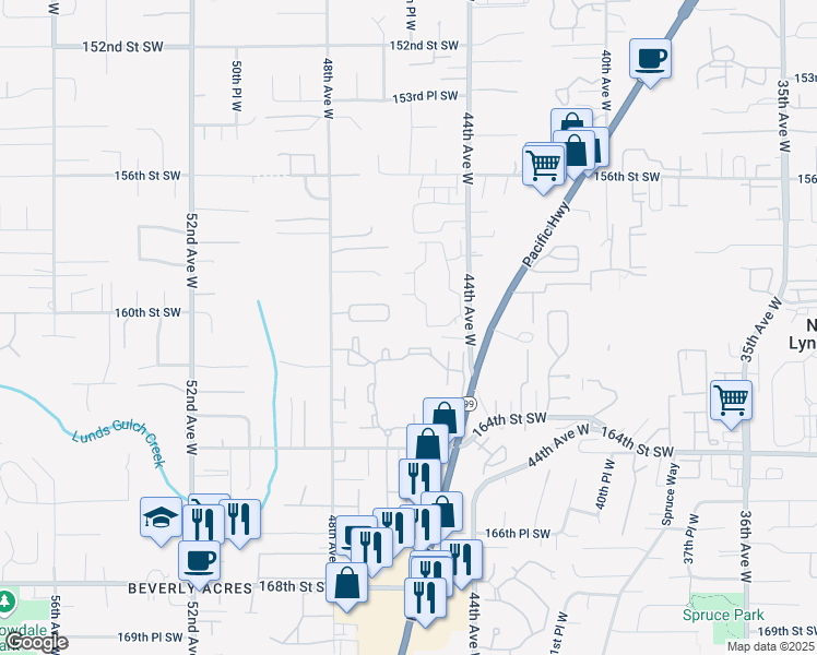 map of restaurants, bars, coffee shops, grocery stores, and more near 15914 44th Avenue West in Lynnwood