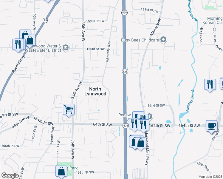 map of restaurants, bars, coffee shops, grocery stores, and more near 16011 Admiralty Way in Lynnwood