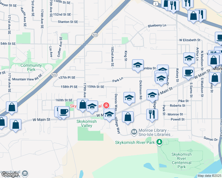 map of restaurants, bars, coffee shops, grocery stores, and more near 1152 Johnson Street in Monroe