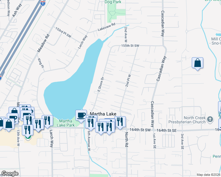 map of restaurants, bars, coffee shops, grocery stores, and more near 317 160th Place Southwest in Lynnwood