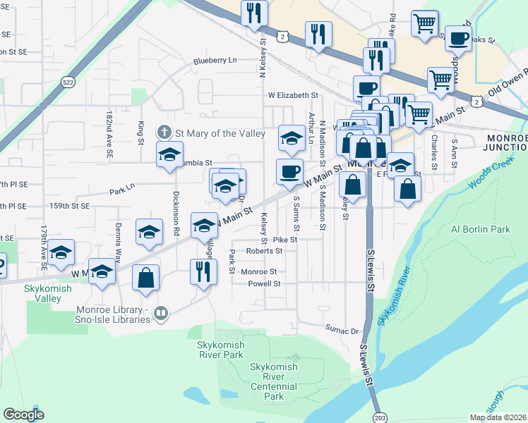 map of restaurants, bars, coffee shops, grocery stores, and more near 115 South Kelsey Street in Monroe