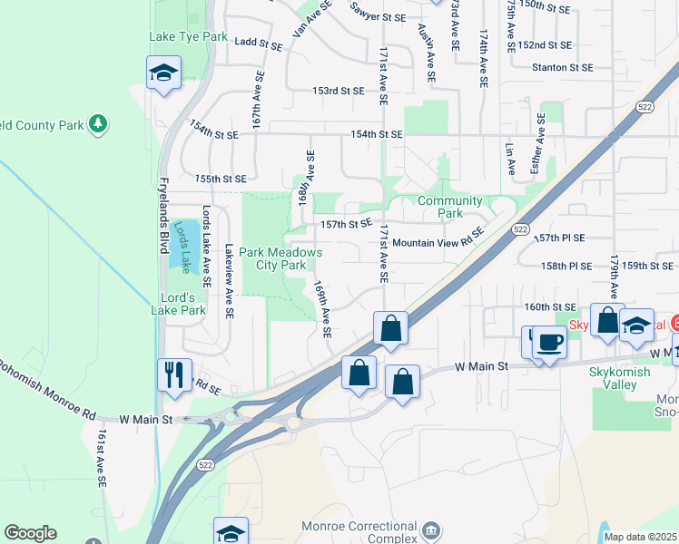 map of restaurants, bars, coffee shops, grocery stores, and more near 16943 Odom Lane Southeast in Monroe