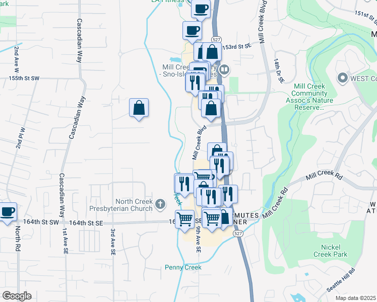 map of restaurants, bars, coffee shops, grocery stores, and more near 16000 Mill Creek Blvd in Mill Creek