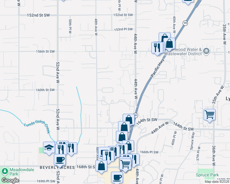 map of restaurants, bars, coffee shops, grocery stores, and more near 4525 164th Street Southwest in Lynnwood