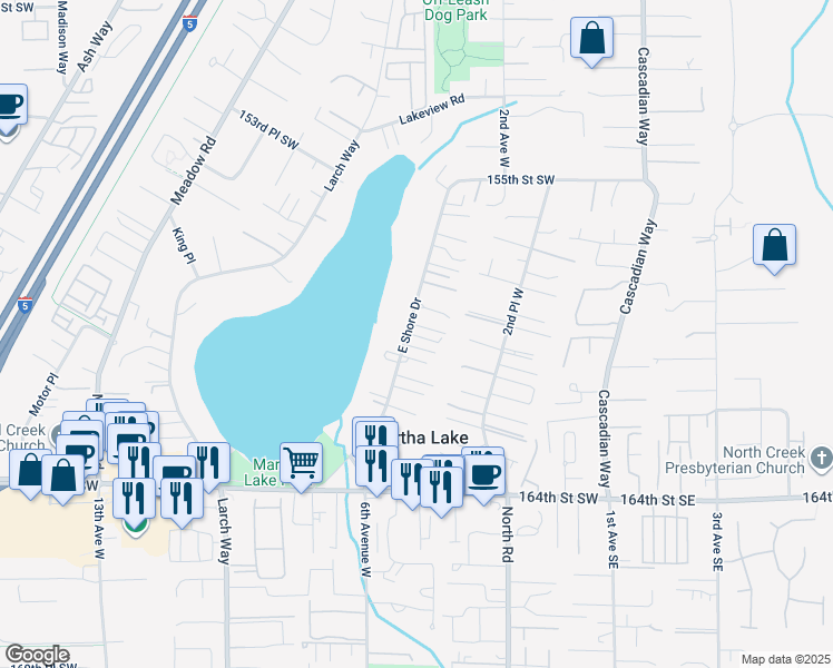 map of restaurants, bars, coffee shops, grocery stores, and more near 16011 East Shore Drive in Lynnwood