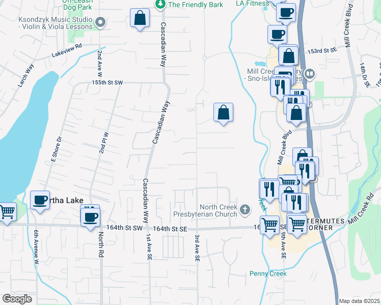 map of restaurants, bars, coffee shops, grocery stores, and more near 227 159th Street Southeast in Bothell