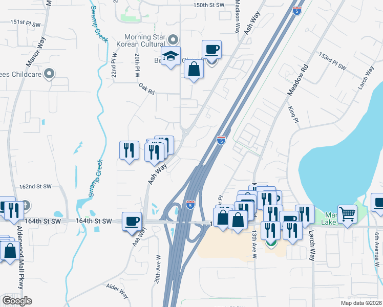 map of restaurants, bars, coffee shops, grocery stores, and more near 15907 Ash Way in Lynnwood