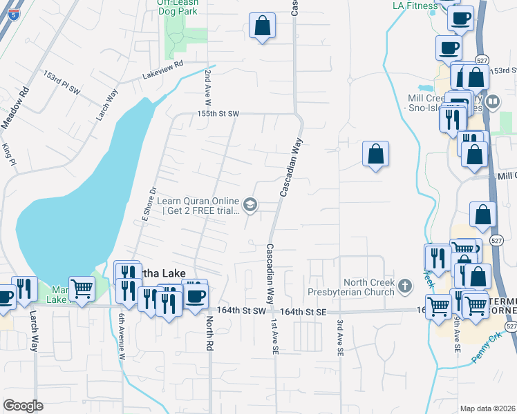 map of restaurants, bars, coffee shops, grocery stores, and more near 17 159th Place Southeast in Bothell