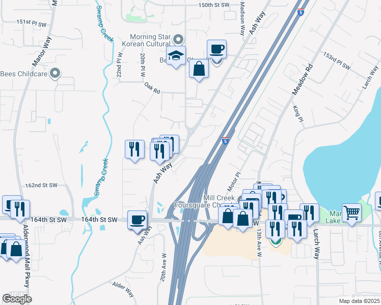 map of restaurants, bars, coffee shops, grocery stores, and more near in North Lynnwood