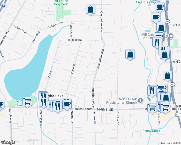map of restaurants, bars, coffee shops, grocery stores, and more near 25 159th Place Southeast in Bothell