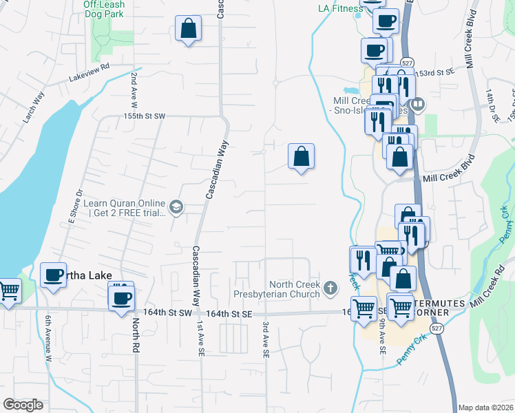 map of restaurants, bars, coffee shops, grocery stores, and more near 227 159th Street Southeast in Mill Creek
