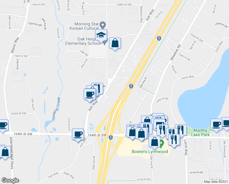 map of restaurants, bars, coffee shops, grocery stores, and more near 16001 Ash Way in Lynnwood