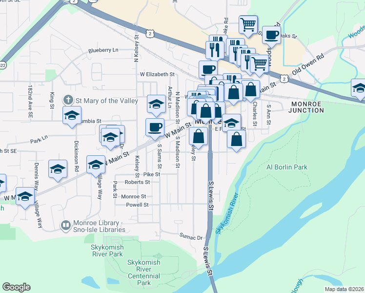 map of restaurants, bars, coffee shops, grocery stores, and more near 214 South Blakeley Street in Monroe