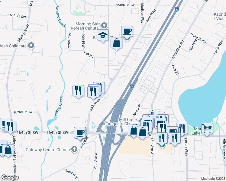 map of restaurants, bars, coffee shops, grocery stores, and more near 16001 Ash Way in Lynnwood