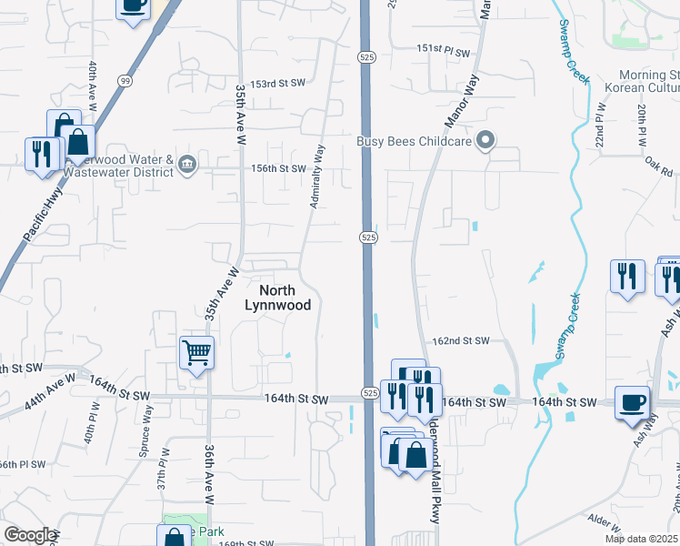 map of restaurants, bars, coffee shops, grocery stores, and more near 15911 Admiralty Way in Lynnwood