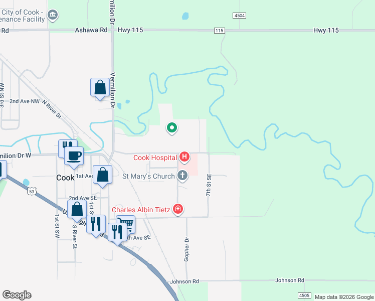 map of restaurants, bars, coffee shops, grocery stores, and more near 512 East Vermilion Boulevard in Cook