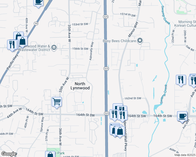 map of restaurants, bars, coffee shops, grocery stores, and more near 15911 Admiralty Way in Lynnwood