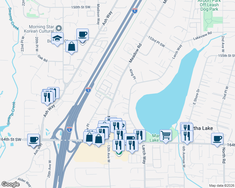 map of restaurants, bars, coffee shops, grocery stores, and more near 15908 12th Place West in Lynnwood