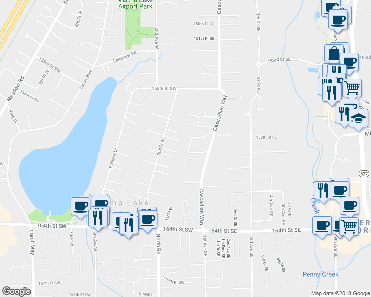 map of restaurants, bars, coffee shops, grocery stores, and more near 15826 Meridian Avenue South in Bothell