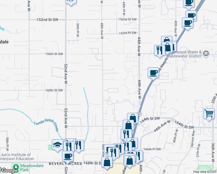 map of restaurants, bars, coffee shops, grocery stores, and more near 4721 160th Street Southwest in Lynnwood