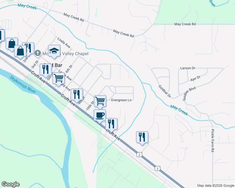 map of restaurants, bars, coffee shops, grocery stores, and more near 79 Woodland Way in Gold Bar
