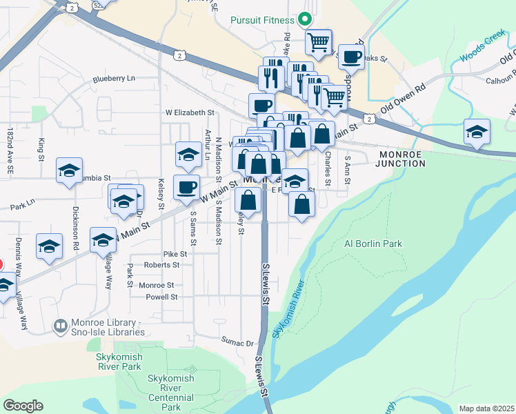 map of restaurants, bars, coffee shops, grocery stores, and more near 212 South Lewis Street in Monroe