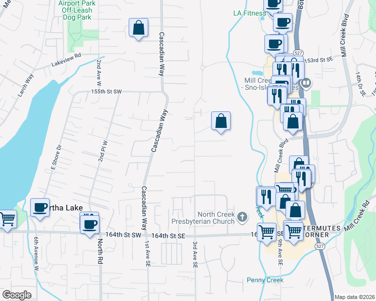map of restaurants, bars, coffee shops, grocery stores, and more near 15814 3rd Avenue Southeast in Bothell