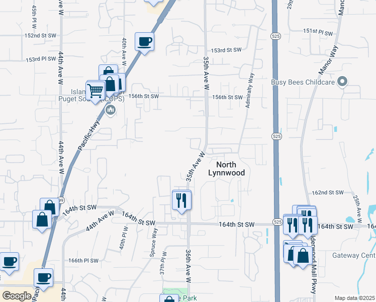 map of restaurants, bars, coffee shops, grocery stores, and more near 3521 159th Place Southwest in Lynnwood