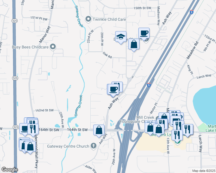 map of restaurants, bars, coffee shops, grocery stores, and more near 15913 20th Place West in Lynnwood